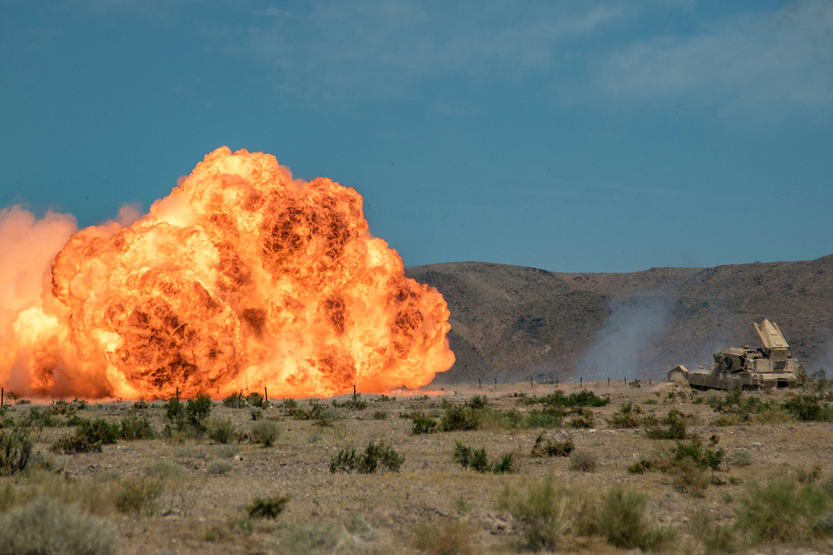 Soldiers detonate an M58 mine clearing line charge during a live-fire training exercise at the National Training Center in Fort Irwin, Calif., June 12, 2019.